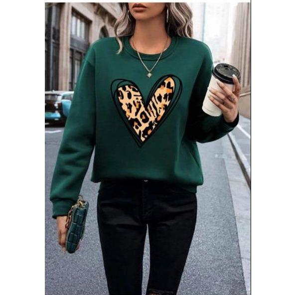 Round Neck Long Sleeve Heart Print Casual Sweatshirt