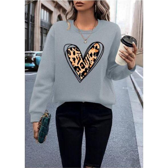 Round Neck Long Sleeve Heart Print Casual Sweatshirt