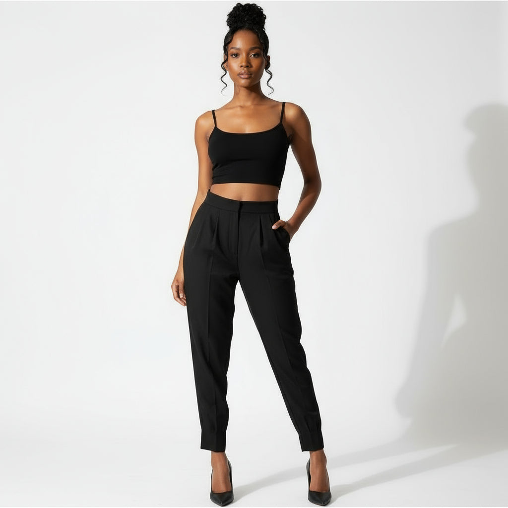 Solid Dual Pockets Cropped Carrot Pants