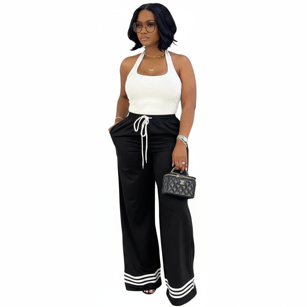 Solid Color Drawstring Tie Pants