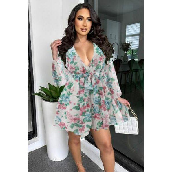 Floral V-Neck Lace Mini Dress