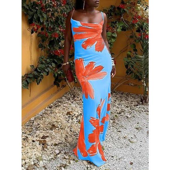 Cowl Neck Backless Silky Printed Dress