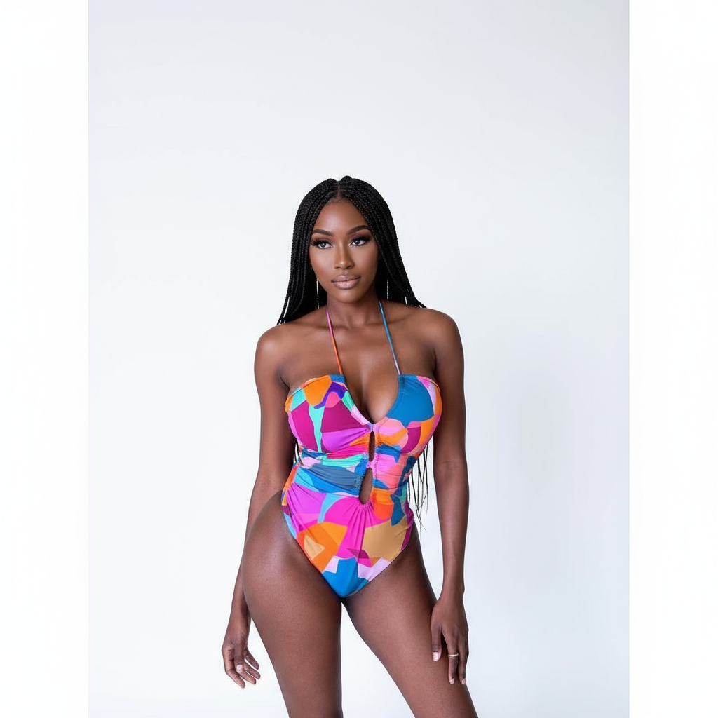Graphic Print Sheer Mesh Insert Halter Bodysuit