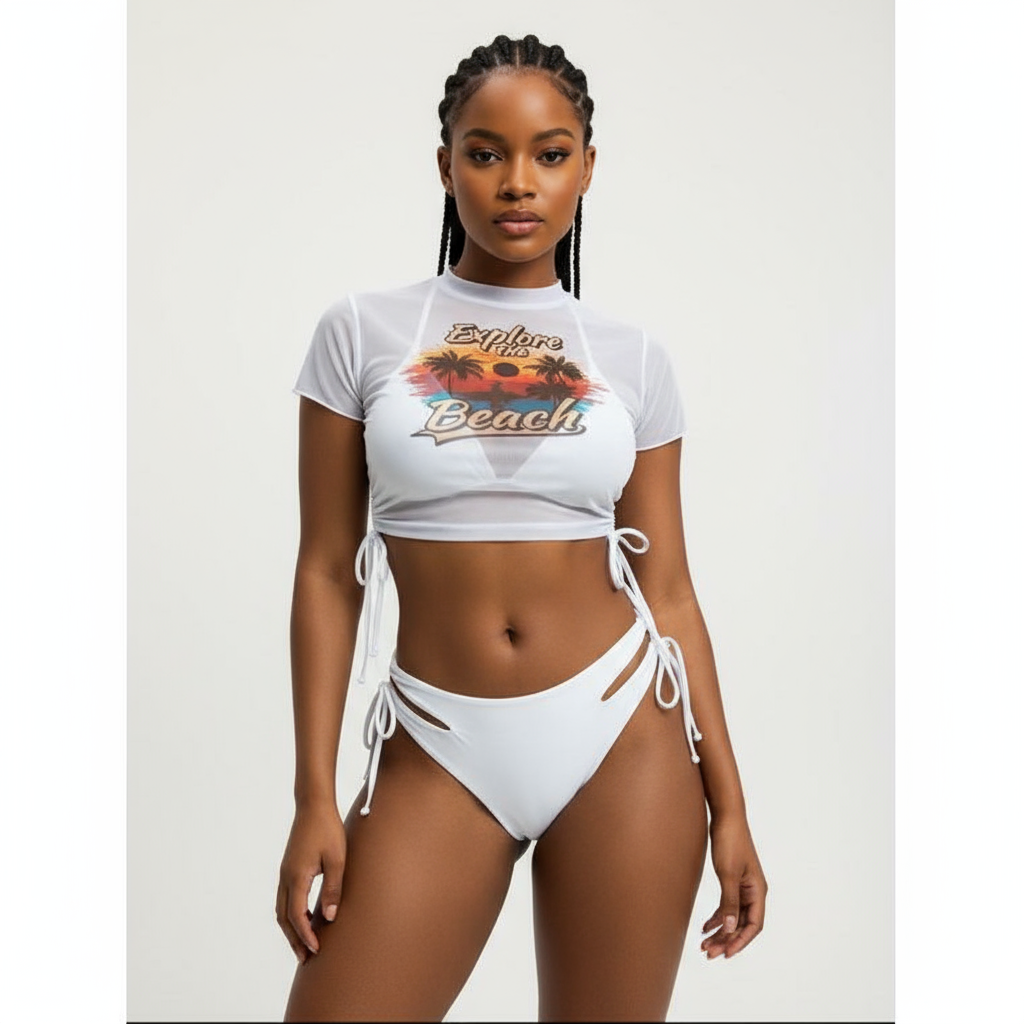 Woman wearing a white 'Beach' themed top and white bikini bottoms on a light gray background