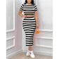 Short Sleeve Striped Slit Skirt and Top Set