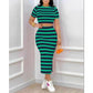 Short Sleeve Striped Slit Skirt and Top Set