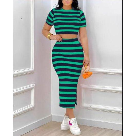 Short Sleeve Striped Slit Skirt and Top Set