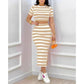 Short Sleeve Striped Slit Skirt and Top Set