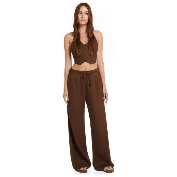 Front Button Sleeveless Top & Pocketed Long Pants Set