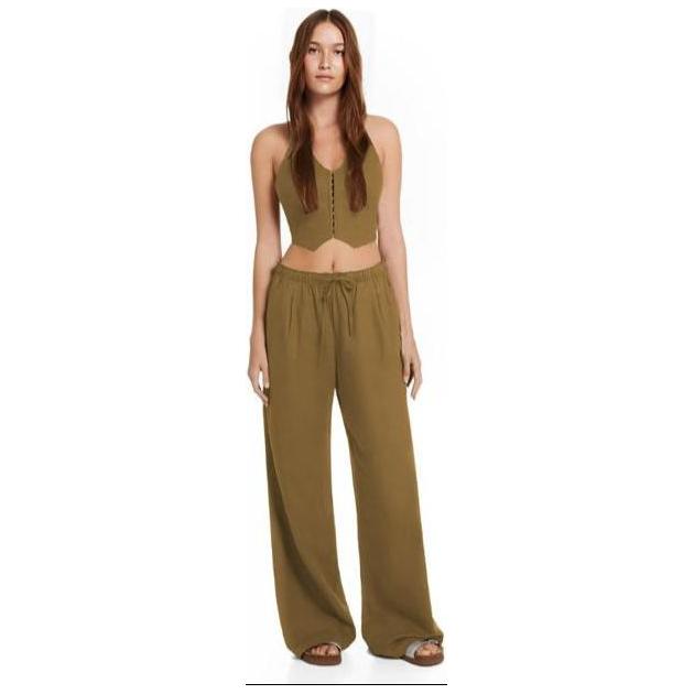 Front Button Sleeveless Top & Pocketed Long Pants Set