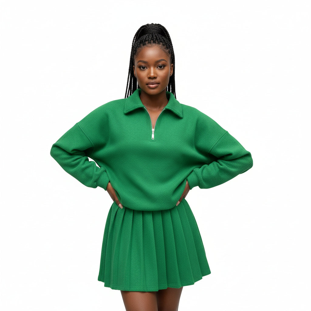 Half-zipped Drop Shoulder Top And Skirt Casual 2pcs Set