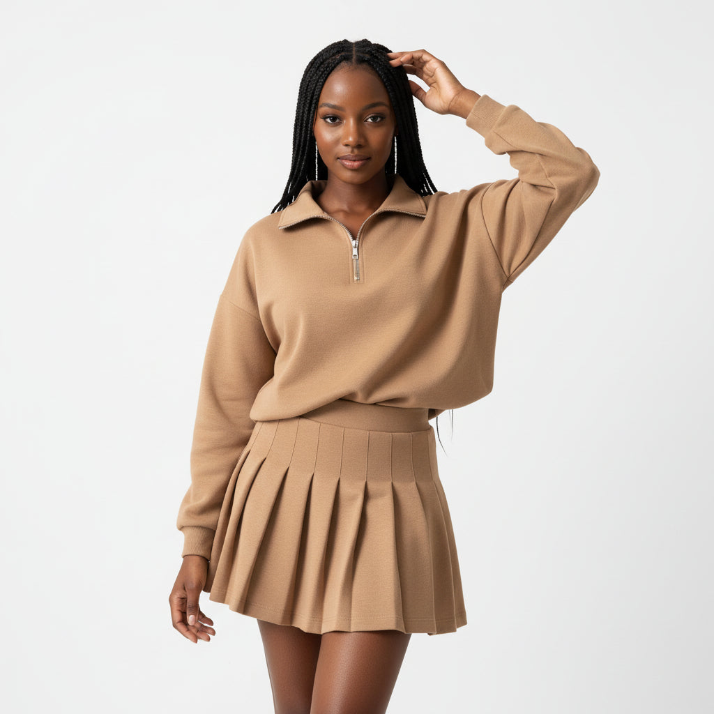 Half-zipped Drop Shoulder Top And Skirt Casual 2pcs Set