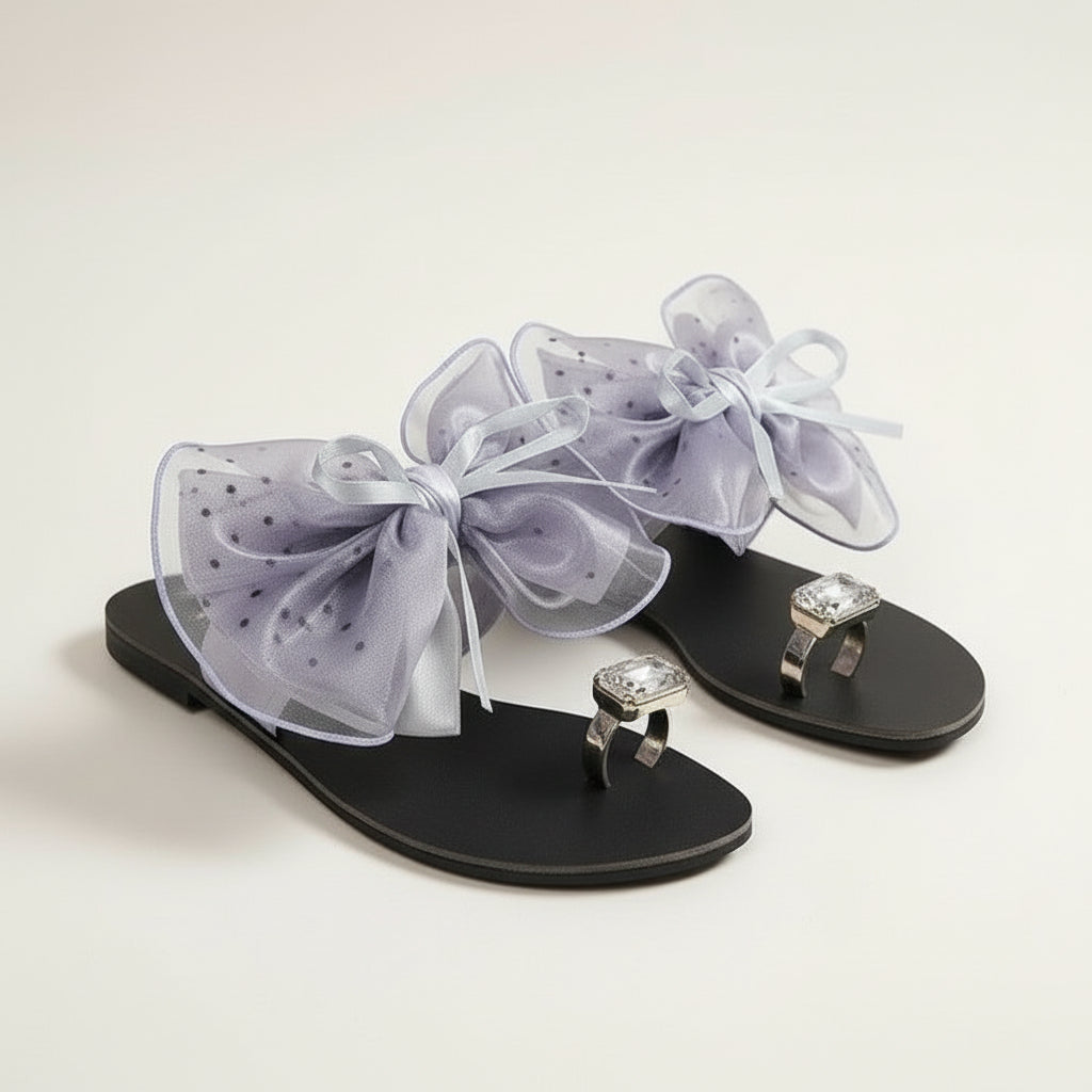 Bow Knot And Jewel-Encrusted Thumb Buckle Flat Slipper