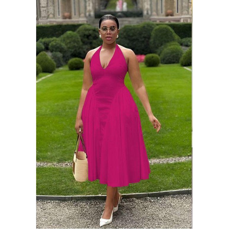 Halter Backless Pleated A-Line Maxi Dress