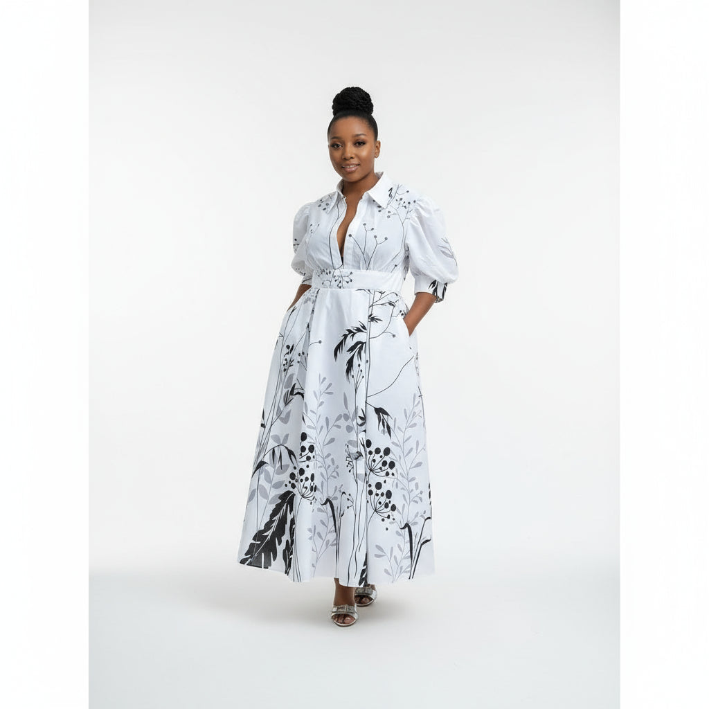 Puffy Sleeves Printed Maxi Dress