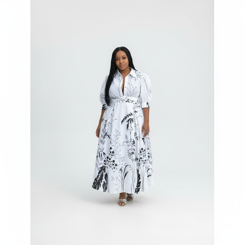 Puffy Sleeves Printed Maxi Dress
