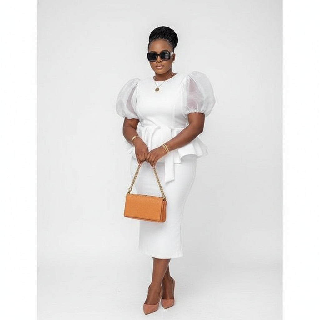 Ruffle Puffy Short Sleeves with Midi Skirt 2 Piece Set