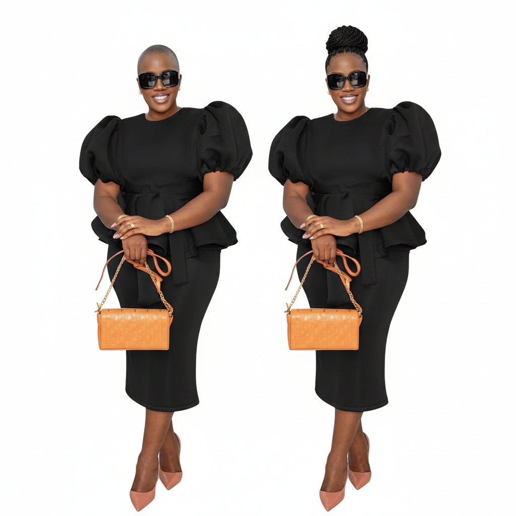 Ruffle Puffy Short Sleeves with Midi Skirt 2 Piece Set