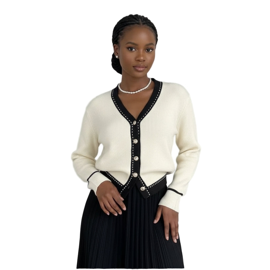 V-Neck Plain Contrast Trim Cardigan