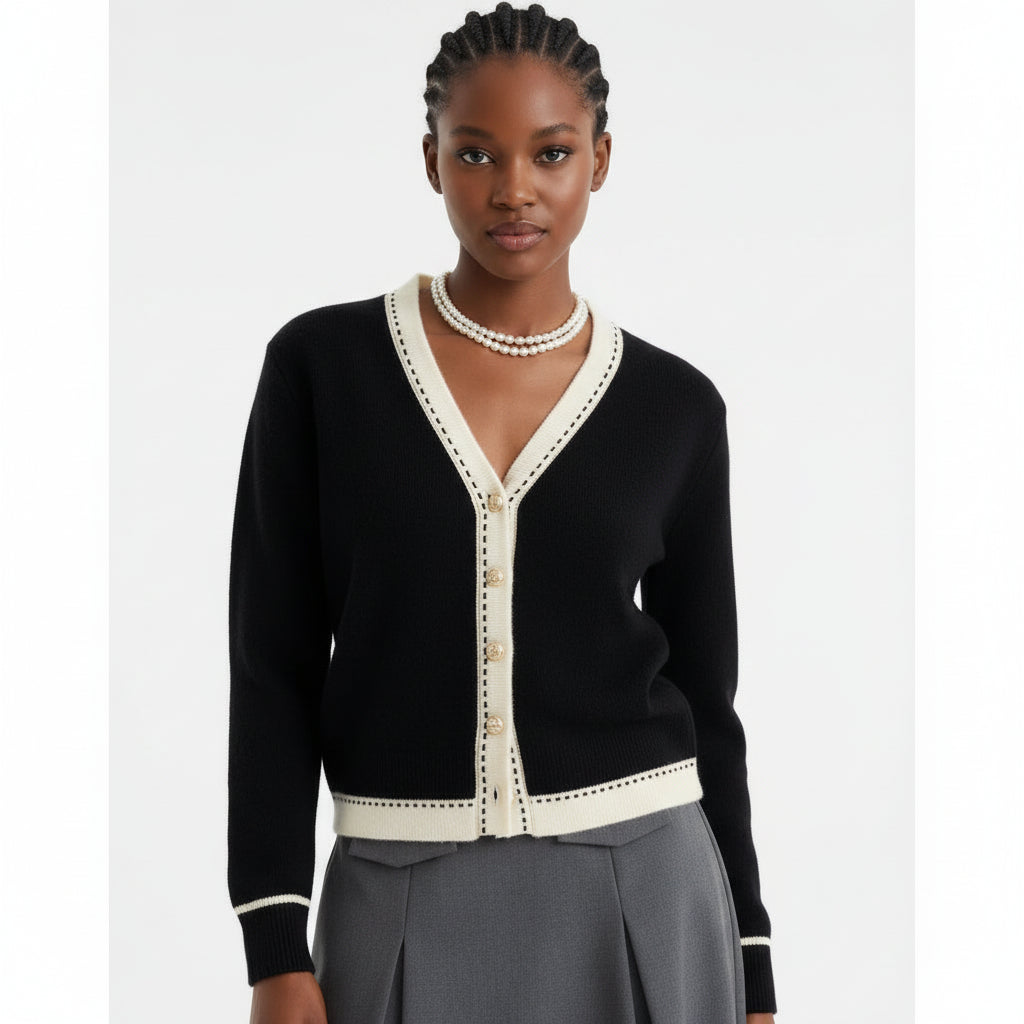 V-Neck Plain Contrast Trim Cardigan