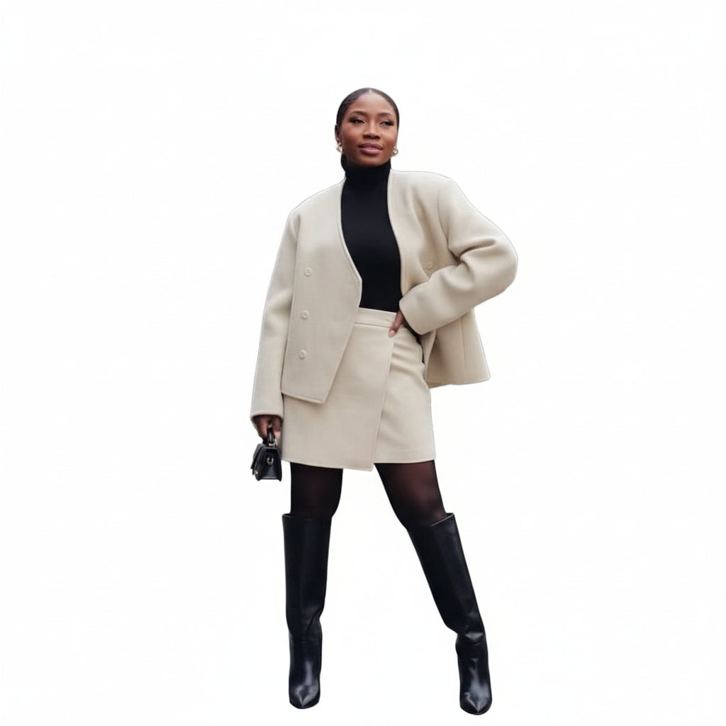 Solid V Neck Open Stitch Jacket & Mini Skirt Set