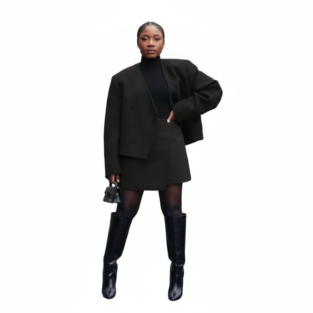 Solid V Neck Open Stitch Jacket & Mini Skirt Set