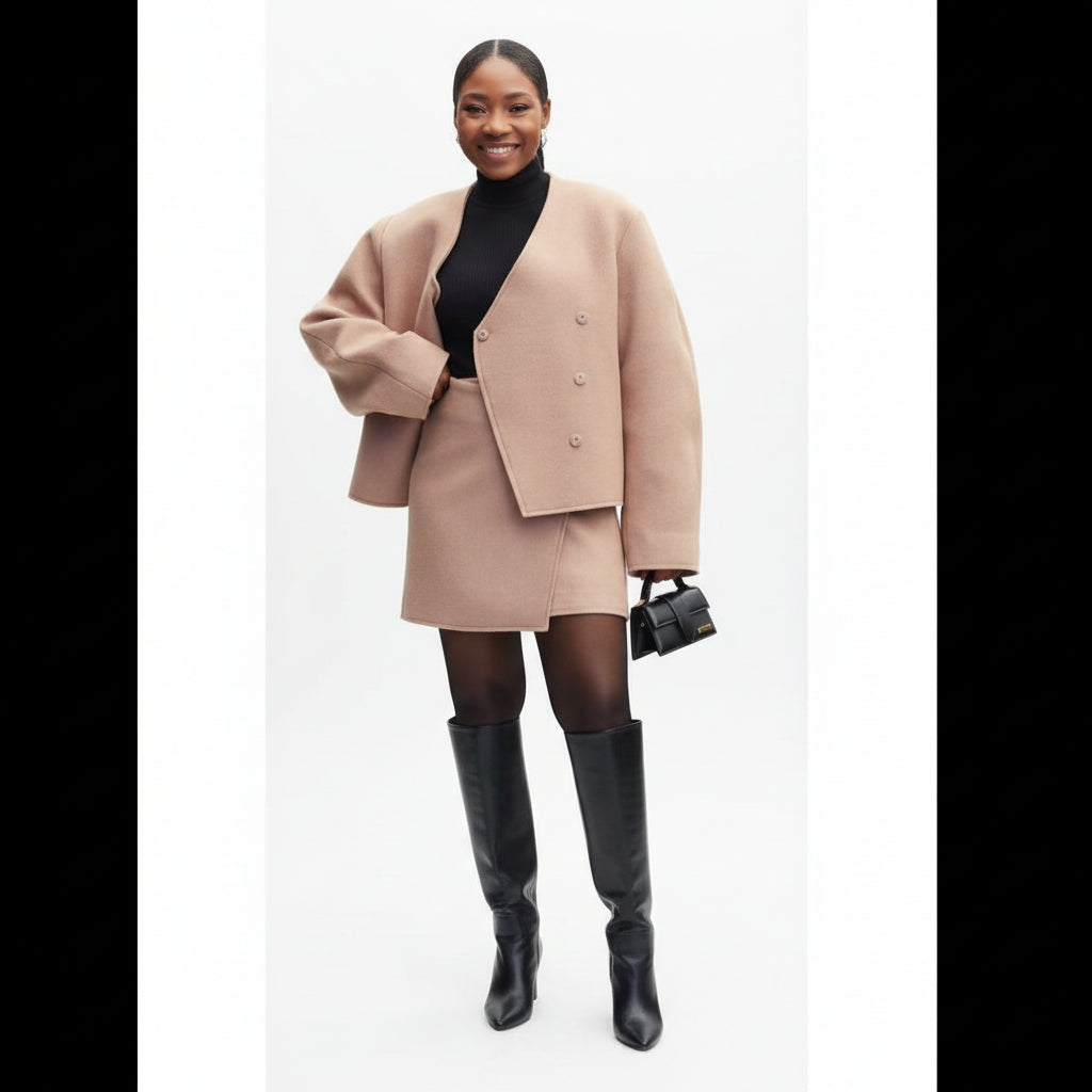 Solid V Neck Open Stitch Jacket & Mini Skirt Set