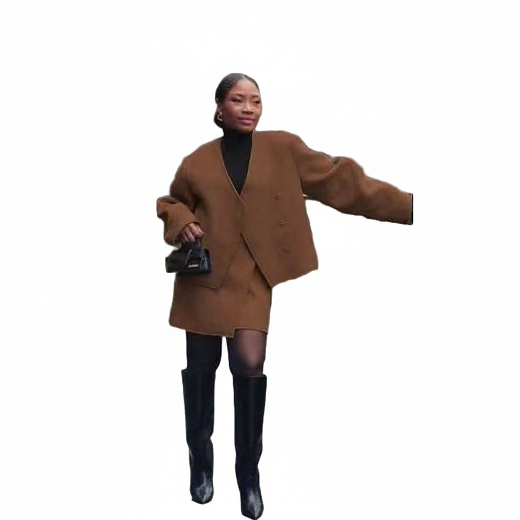 Solid V Neck Open Stitch Jacket & Mini Skirt Set