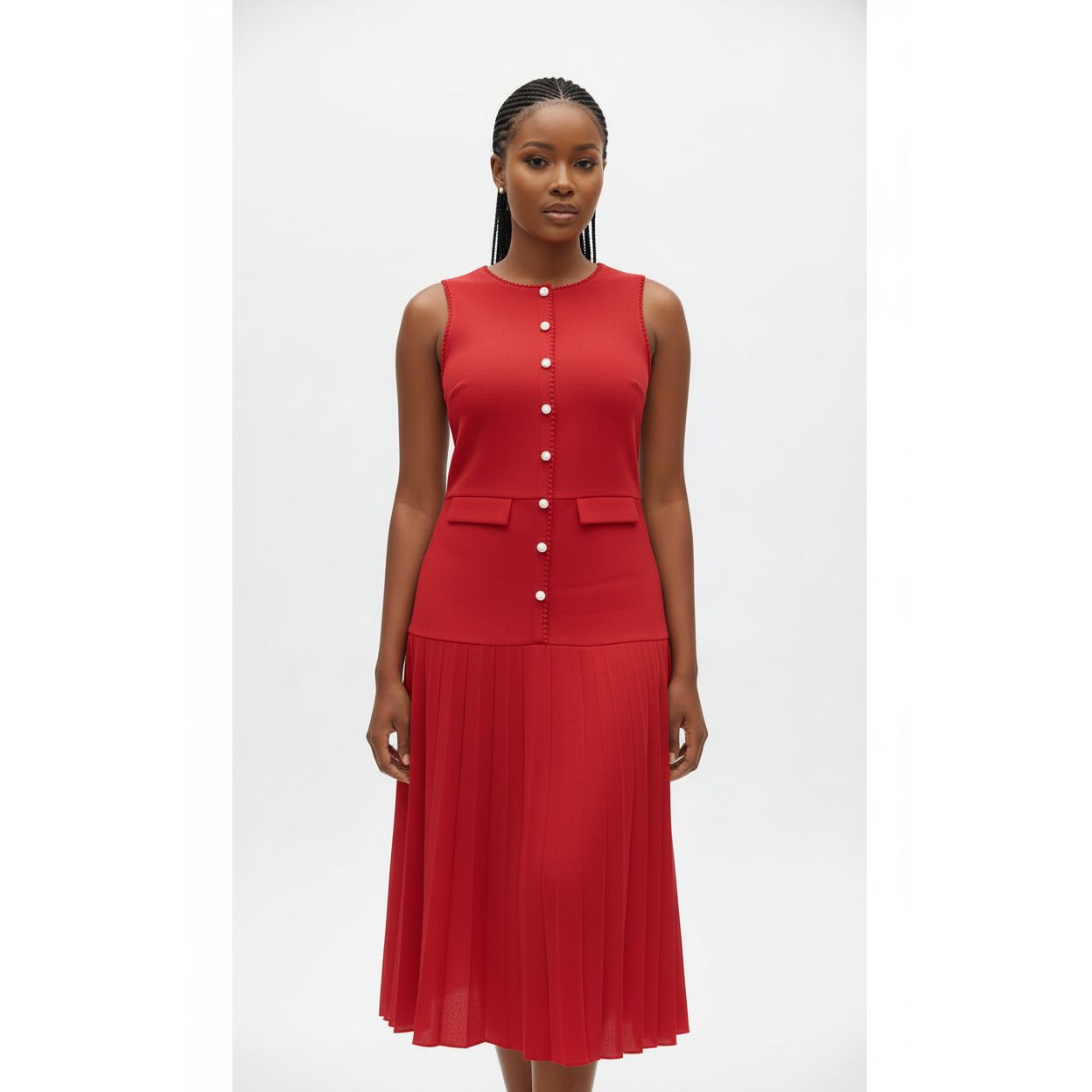 Round Neck Sleeveless Pearls Pleated Dress