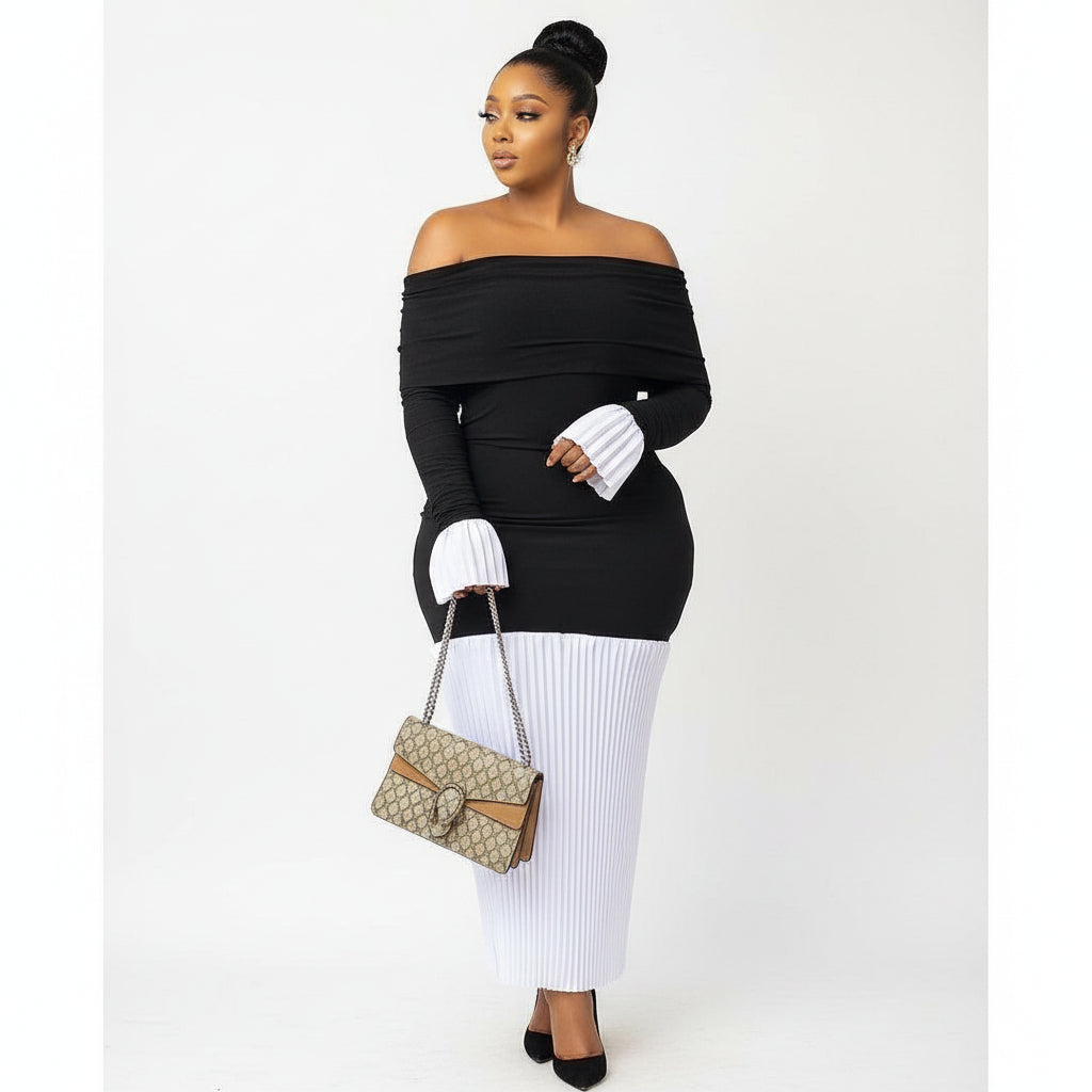 Off Shoulder Bottom Pleated Dress