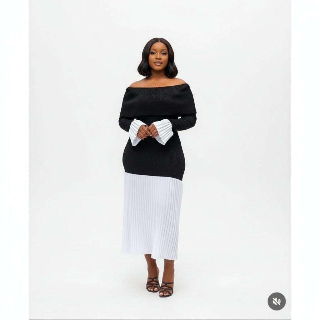Off Shoulder Bottom Pleated Dress