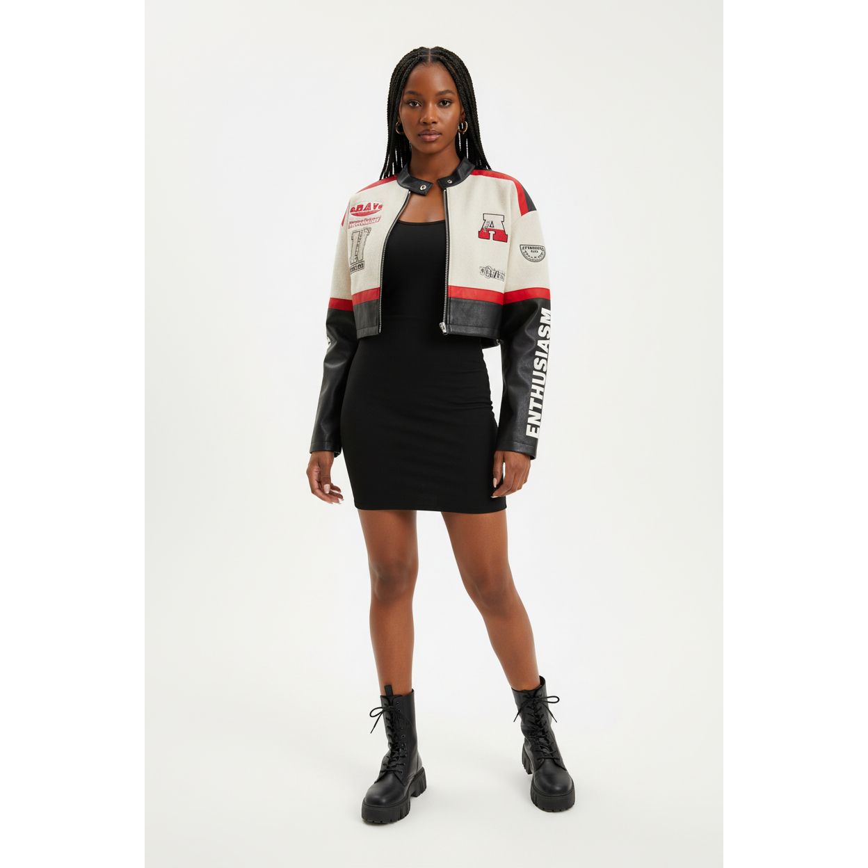 Leather Graphic Colourblock Crop Jacket.