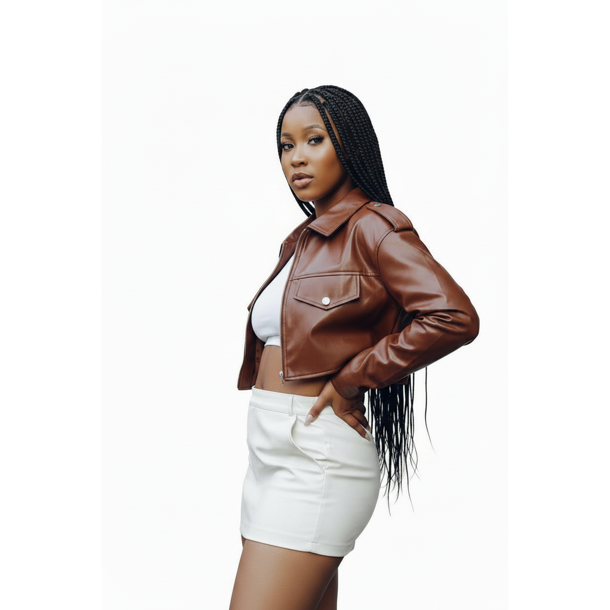 Elastic Hem Flap Detail PU Leather Jacket