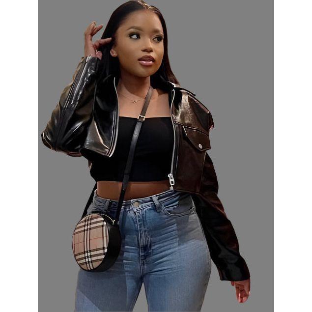 Elastic Hem Flap Detail PU Leather Jacket