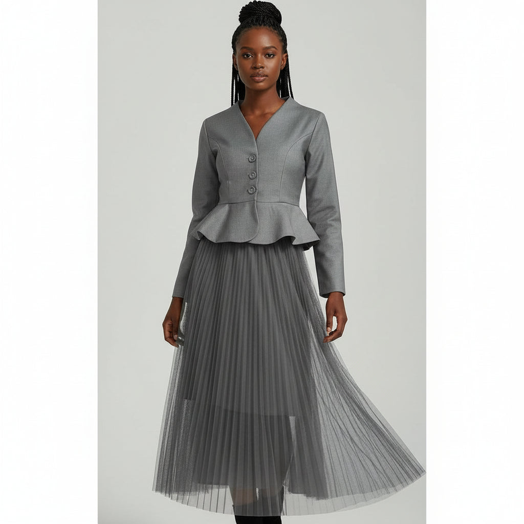 2 Pcs Set V-neck Long Sleeve Spliced Blazer Set