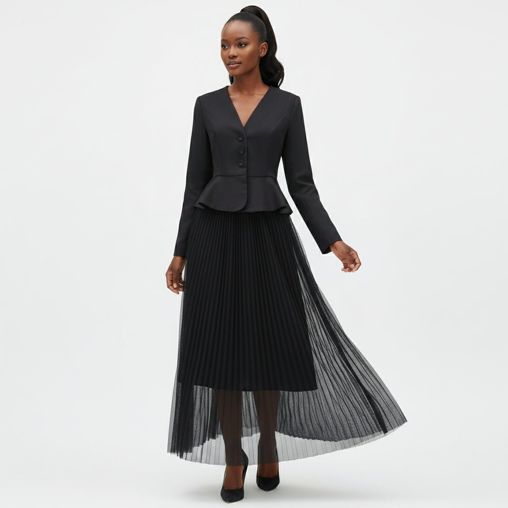 2 Pcs Set V-neck Long Sleeve Spliced Blazer Set