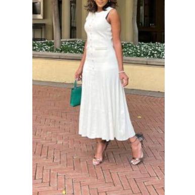 Round Neck Sleeveless Pearls Pleated Dress