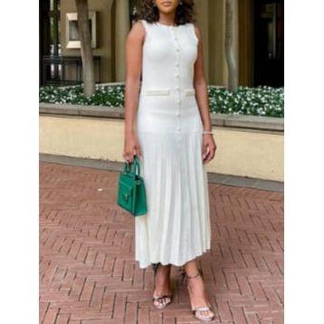 Round Neck Sleeveless Pearls Pleated Dress