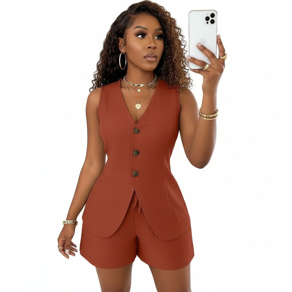 Button Front Vest Blazer & Shorts