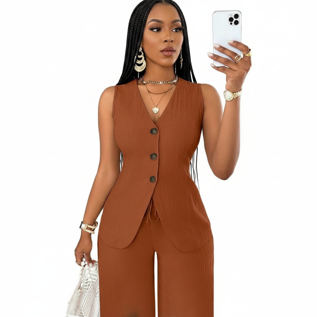 V-Neck Waist Tied Back Vest & Straight Leg Pants Suit