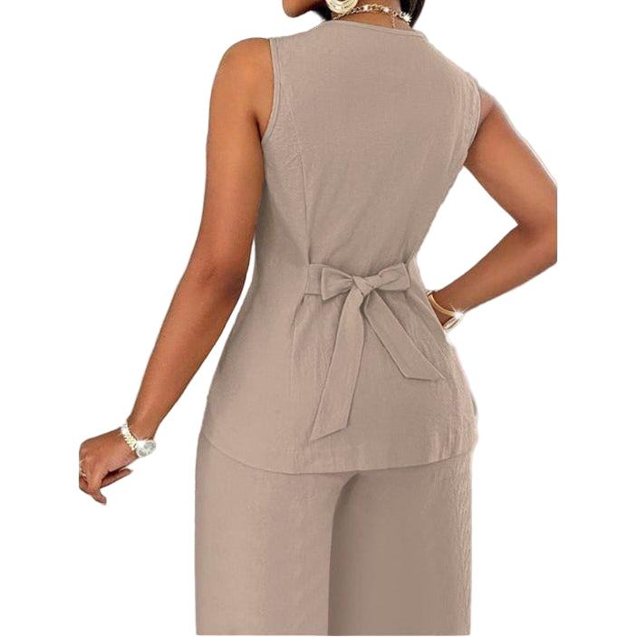 V-Neck Waist Tied Back Vest & Straight Leg Pants Suit