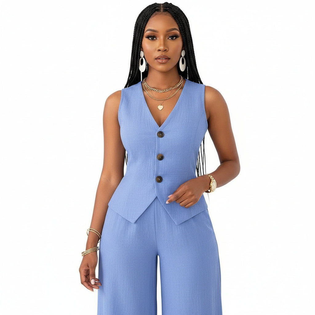 V-Neck Waist Tied Back Vest & Straight Leg Pants Suit