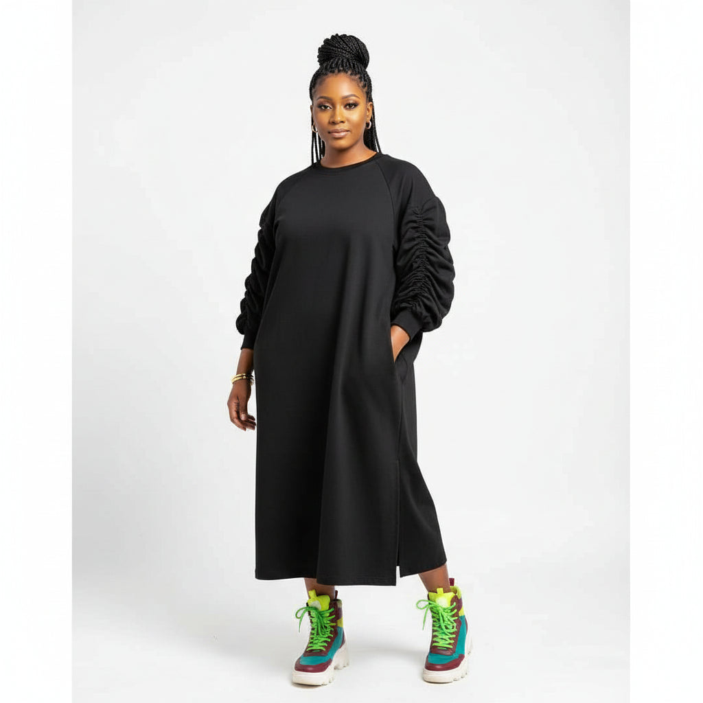 Plus Size Puffy Long Sleeves Midi Dress