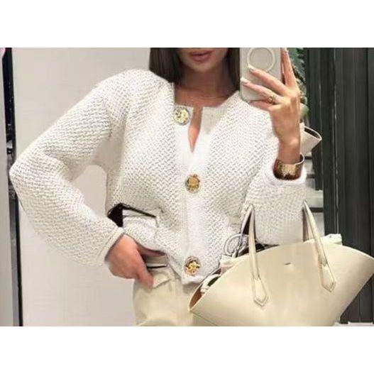 Knitted V-Neck Contrast Long Sleeve Cardigan