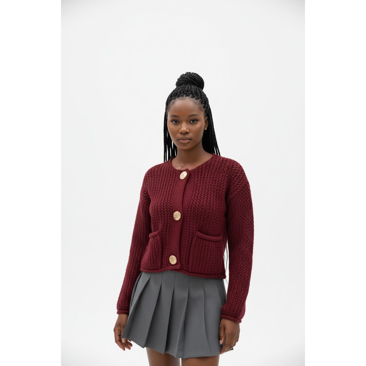 Knitted V-Neck Contrast Long Sleeve Cardigan