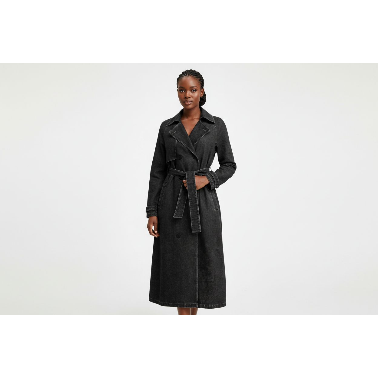 Denim Trench Belt On Waist Double-breasted Long Jackets