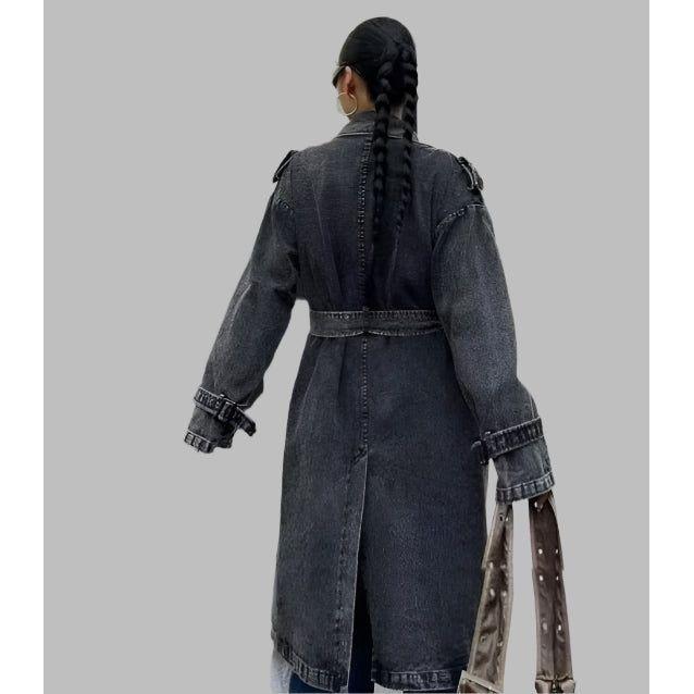 Denim Trench Belt On Waist Double-breasted Long Jackets