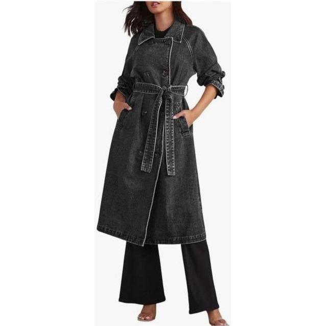 Denim Trench Belt On Waist Double-breasted Long Jackets