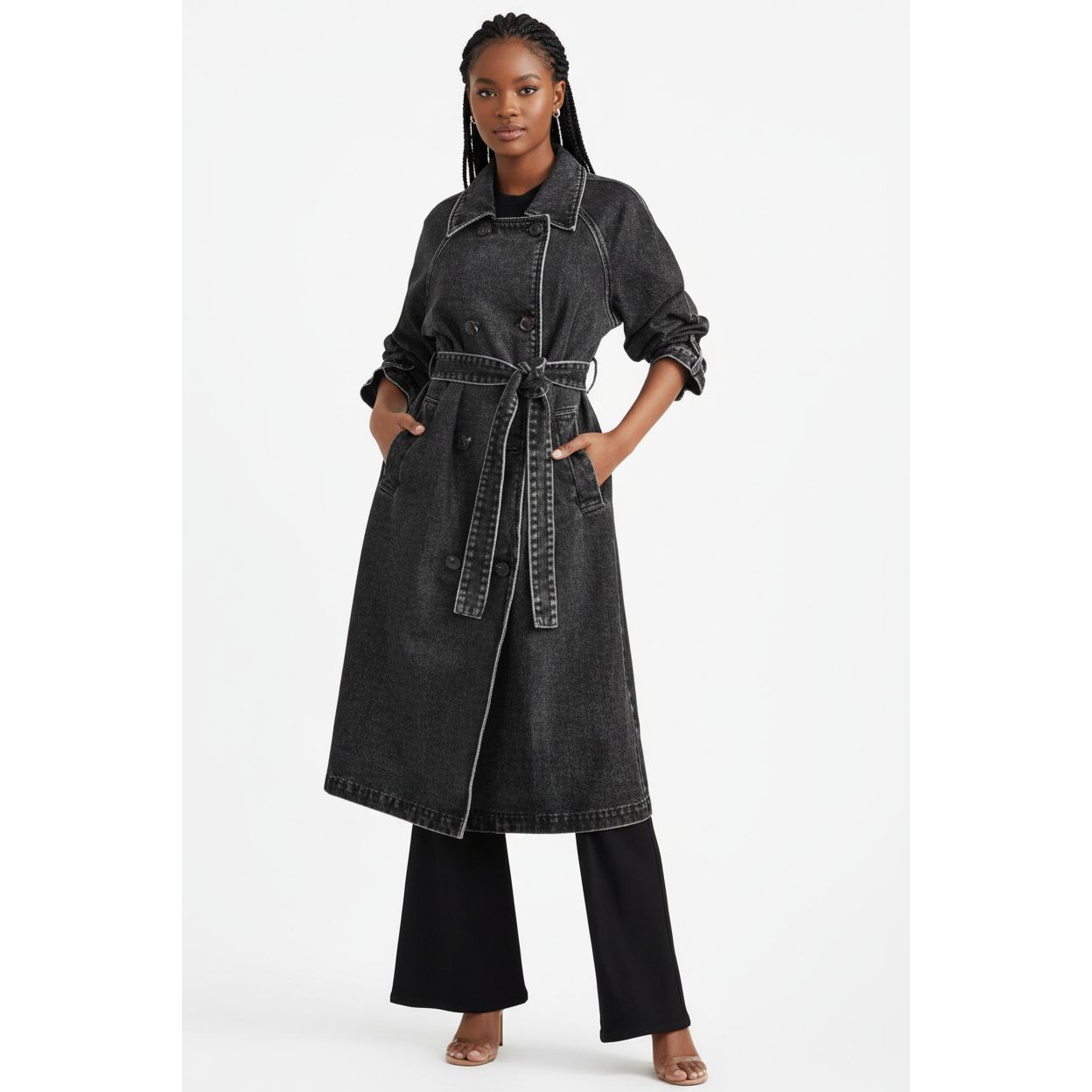 Denim Trench Belt On Waist Double-breasted Long Jackets