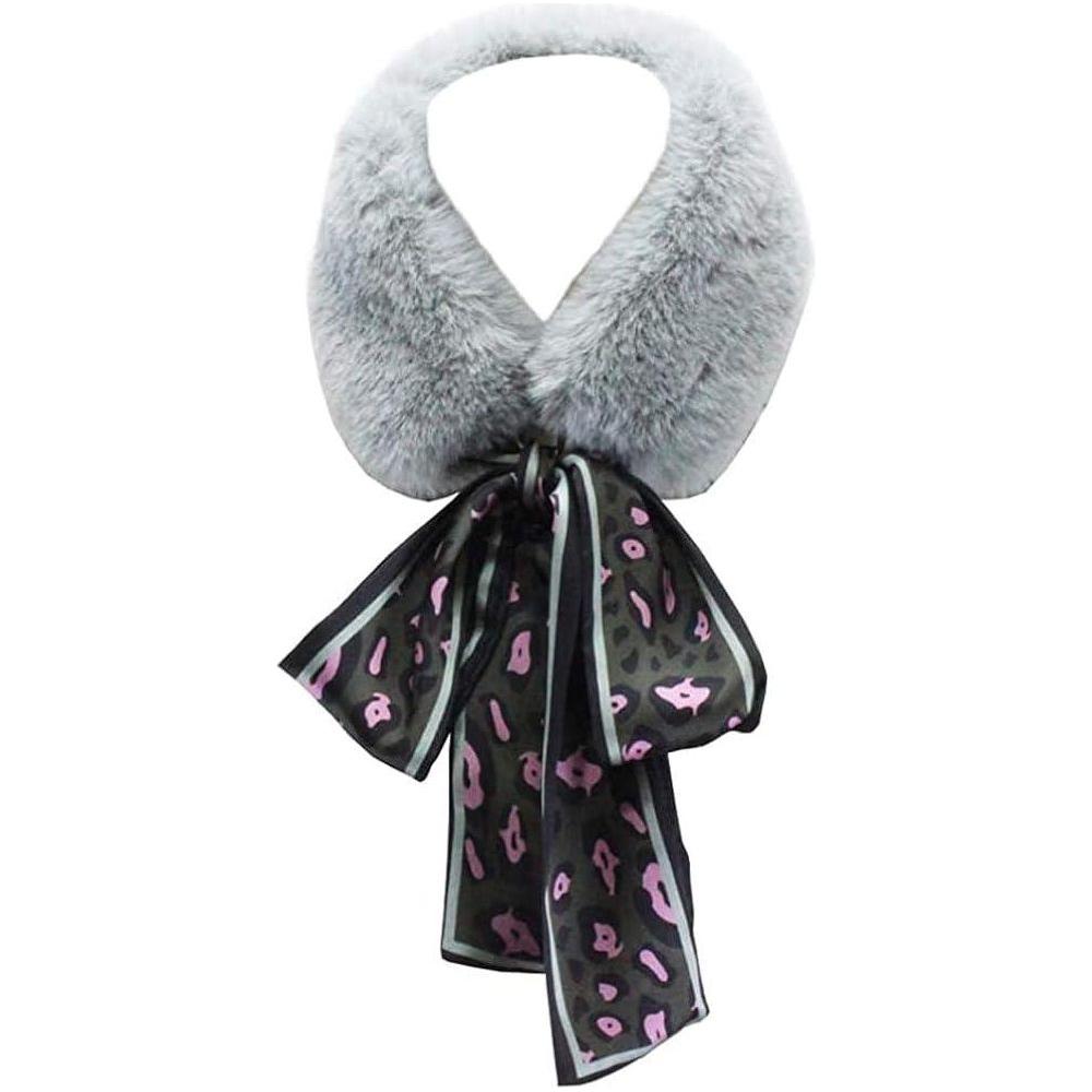Winter Warm Faux Fur Collar Scarf with Leopard Ribbon Neck Warmer